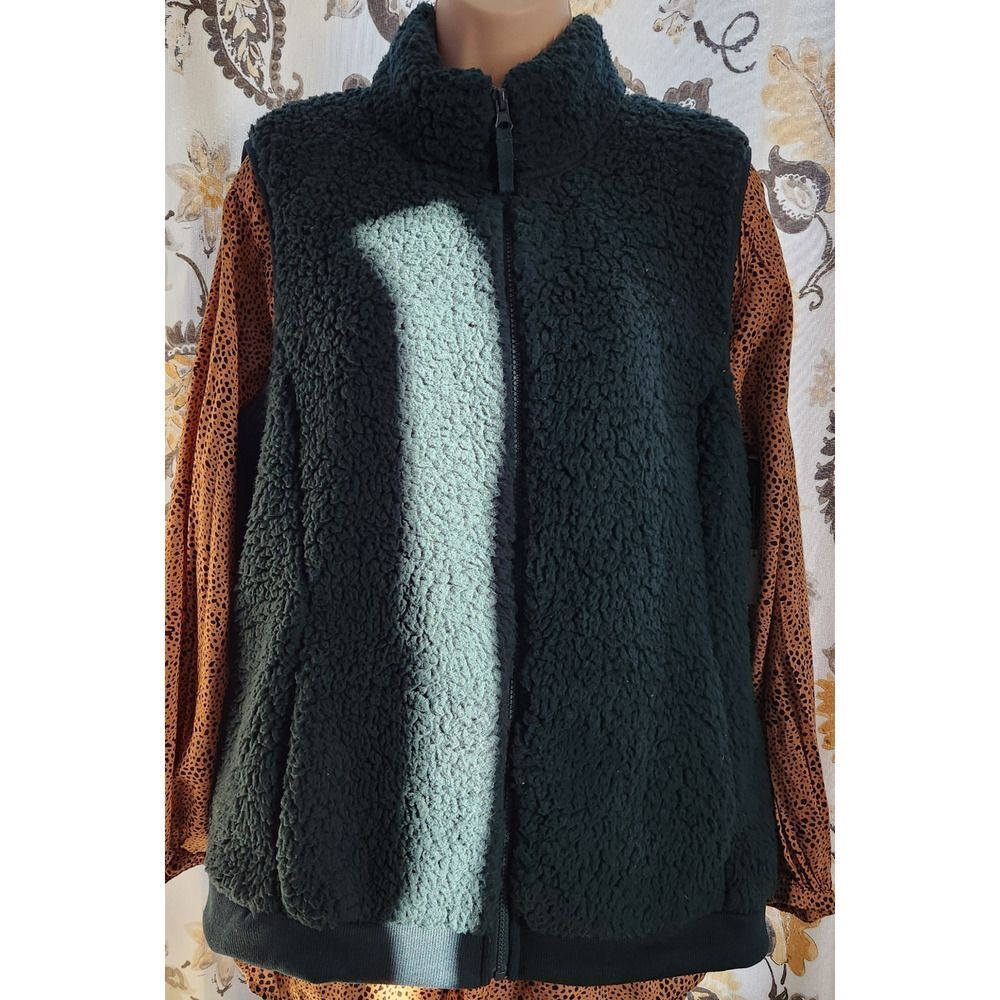 Time & Tru Sweater Vest Zip Front Women's Large Green Pockets Warm Light Weight